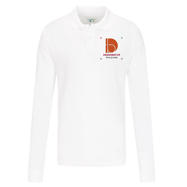 po17 Polo homme à manches longues GOTS Blanc